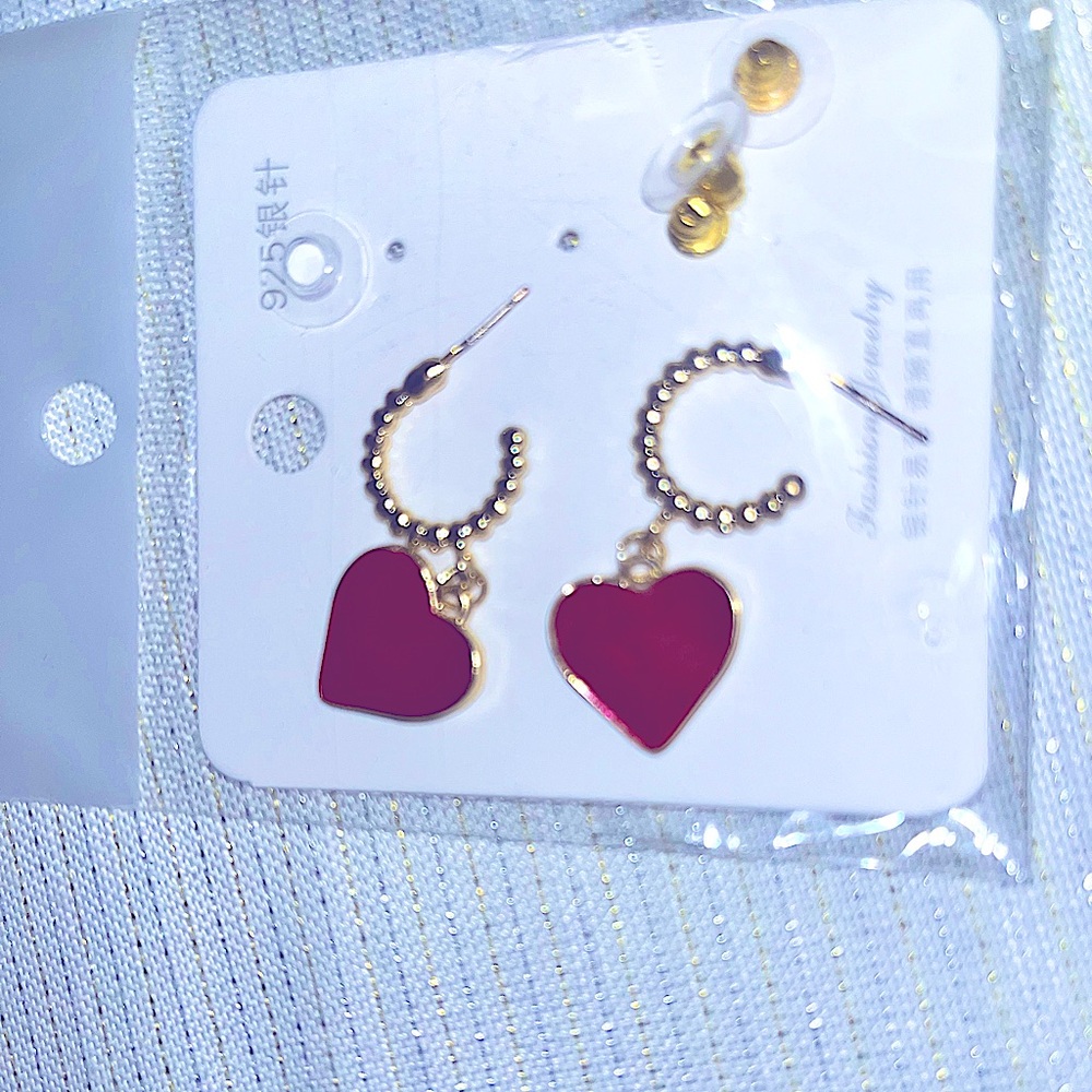 NWOT Cute Red & Gold Plated C-Shaped Heart Dangle Earrings